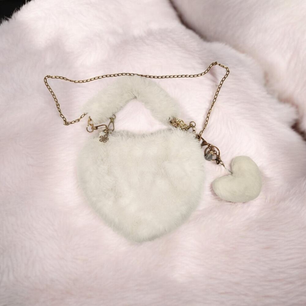 Plush Heart Shoulder Bag | Soft Faux Fur Handbag with Small Heart Keychain Purse